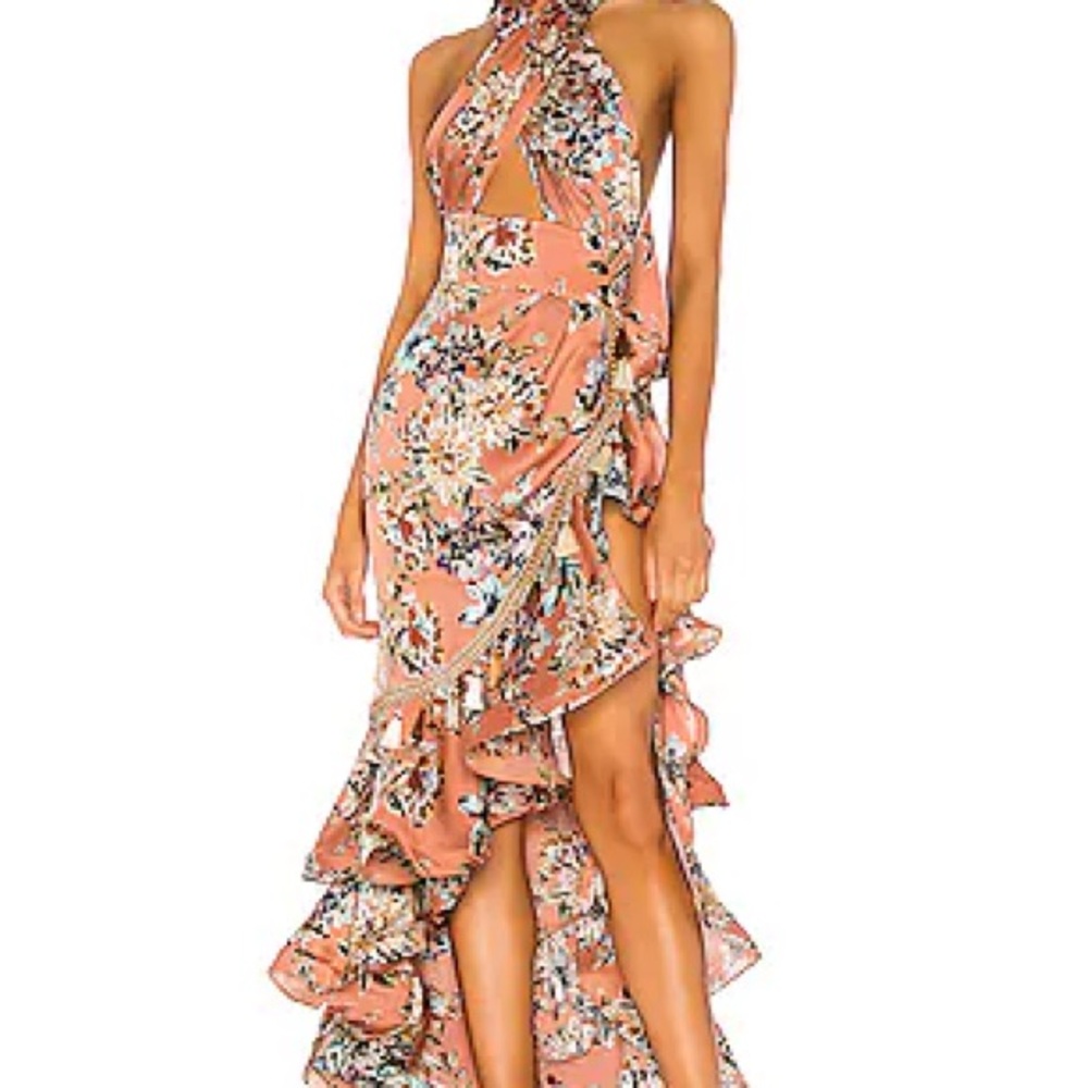 Bronx and Banco Coral Floral High-Low Ruffle Halter Dress